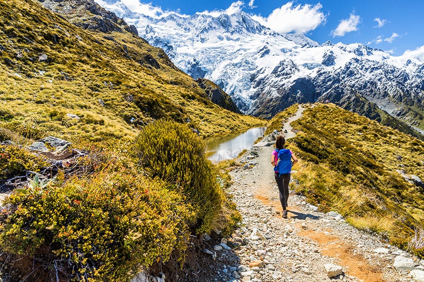 New Zealand hiking girl hiker on Mount Cook Sealy Tarns trail in the southern alps, south island. Travel adventure lifestyle tourist woman walking alone on Mueller Hut route in the mountains.