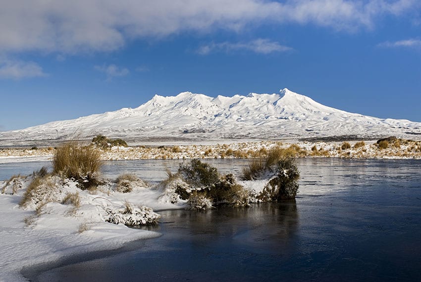 Frozen lake with Mount Ruapehu, Tongariro National Park, Manawat