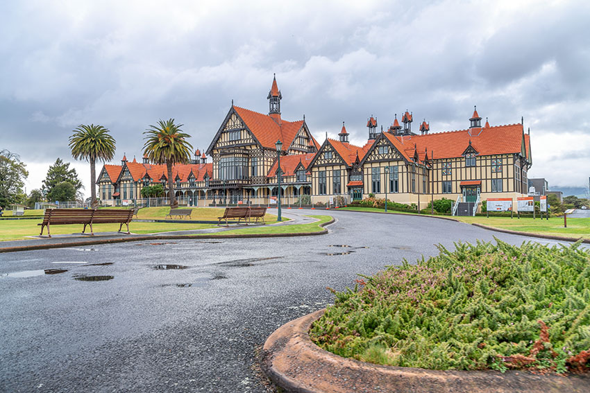 Beautiful Rotorua Museum on a cloudy day, wide angle view.
