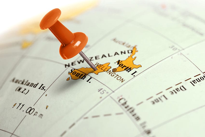 Location New Zealand. Red pin on the map.