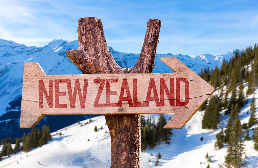 New Zealand wooden sign with winter background